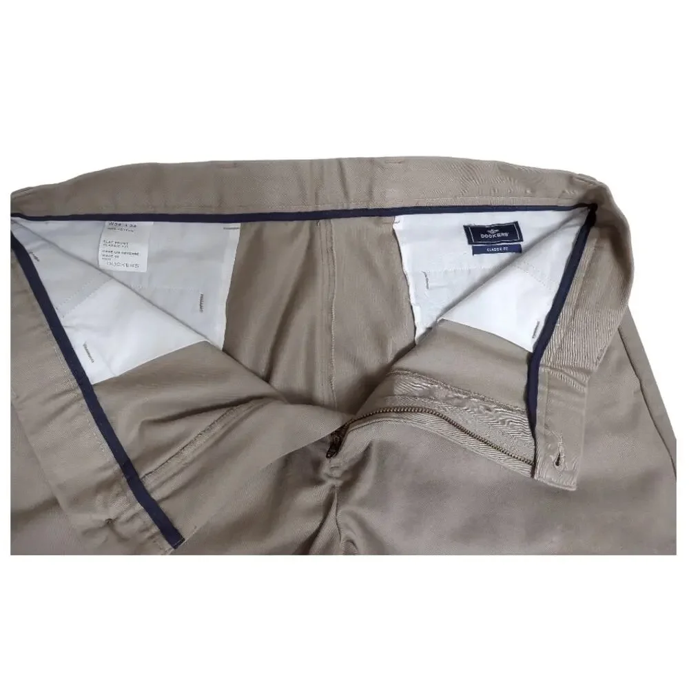 DOCKERS Mens Khaki Classic Fit Pants Size 34 Flat Front Cotton Work Trousers